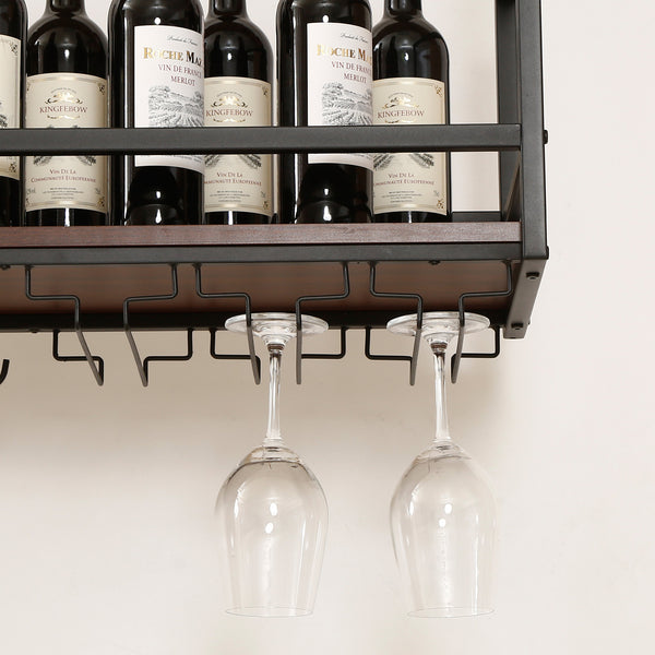 Casier à vin suspendu Borejle métal noir effet noyer [en.casa] 