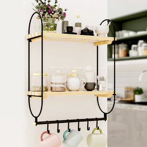 Wandregal Pielavesi mit 6 Haken Schwarz/Natur [en.casa] - premiumXL