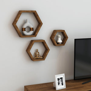 Set de 3 étagères murales Stubbekøbing tailles diférentes nid d'abeille pin bois foncé [en.casa]