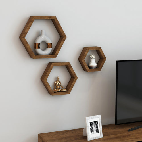 Set de 3 étagères murales Stubbekøbing tailles diférentes nid d'abeille pin bois foncé [en.casa]