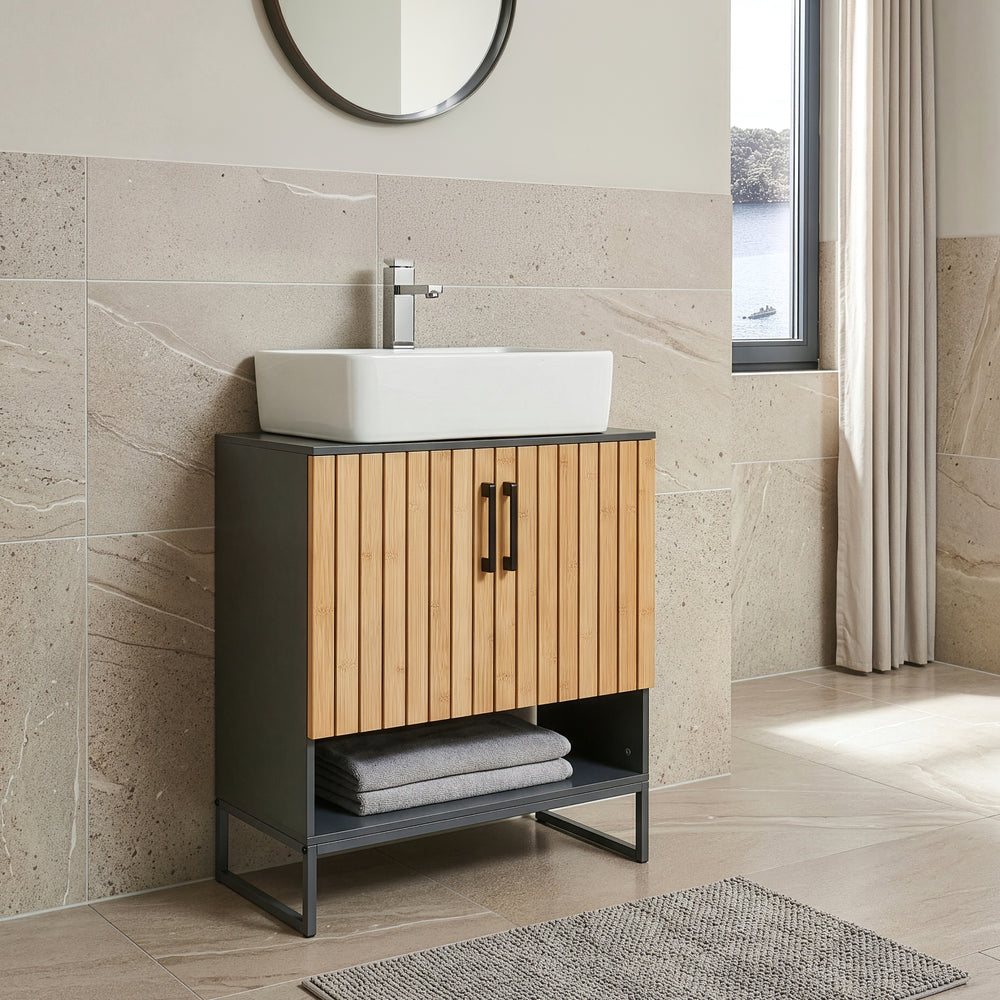 Meuble sous-lavabo Svanes 70x60x30 cm Gris foncé/Nature [en.casa]