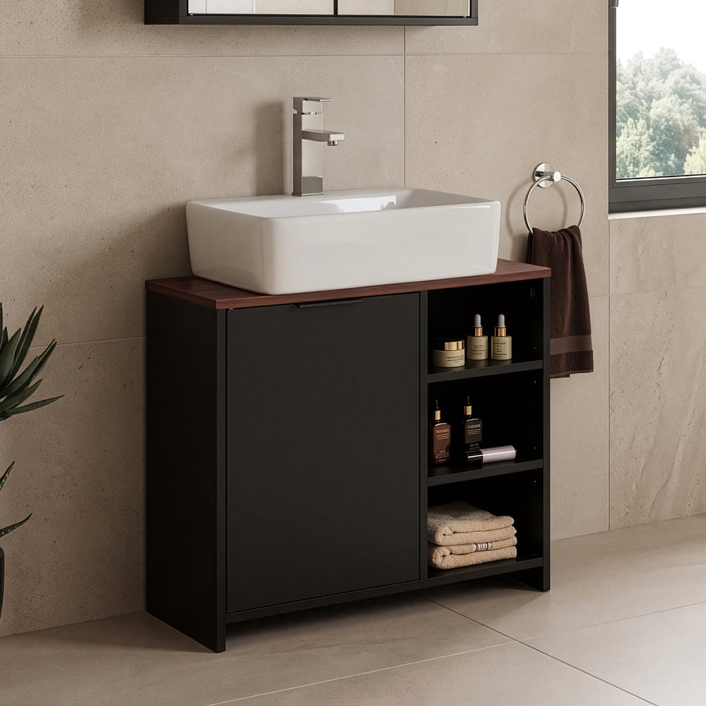 Meuble sous lavabo Trond 60 x 66 x 30 cm noir effet noyer [en.casa]