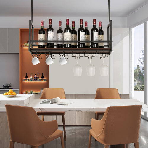 Casier à vin suspendu Borejle métal noir effet noyer [en.casa] 