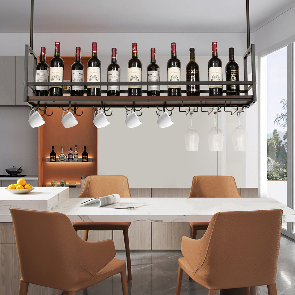 Casier à vin suspendu Borejle métal noir effet noyer [en.casa] 