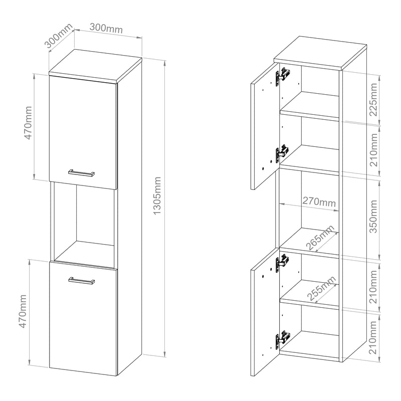 Croquis coté Meuble colonne de salle de bain suspendu Krildihana 131 x 30 x 30 cm [en.casa]