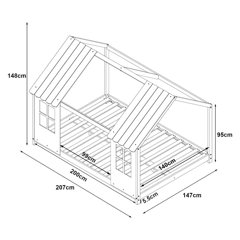Croquis coté Lit cabane Tostedt pour enfant avec matelas sommier à lattes bois de pin blanc [en.casa] 