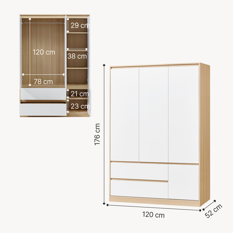 Croquis coté Armoire de chambre Bastheim MDF effet chêne blanc [en.casa]