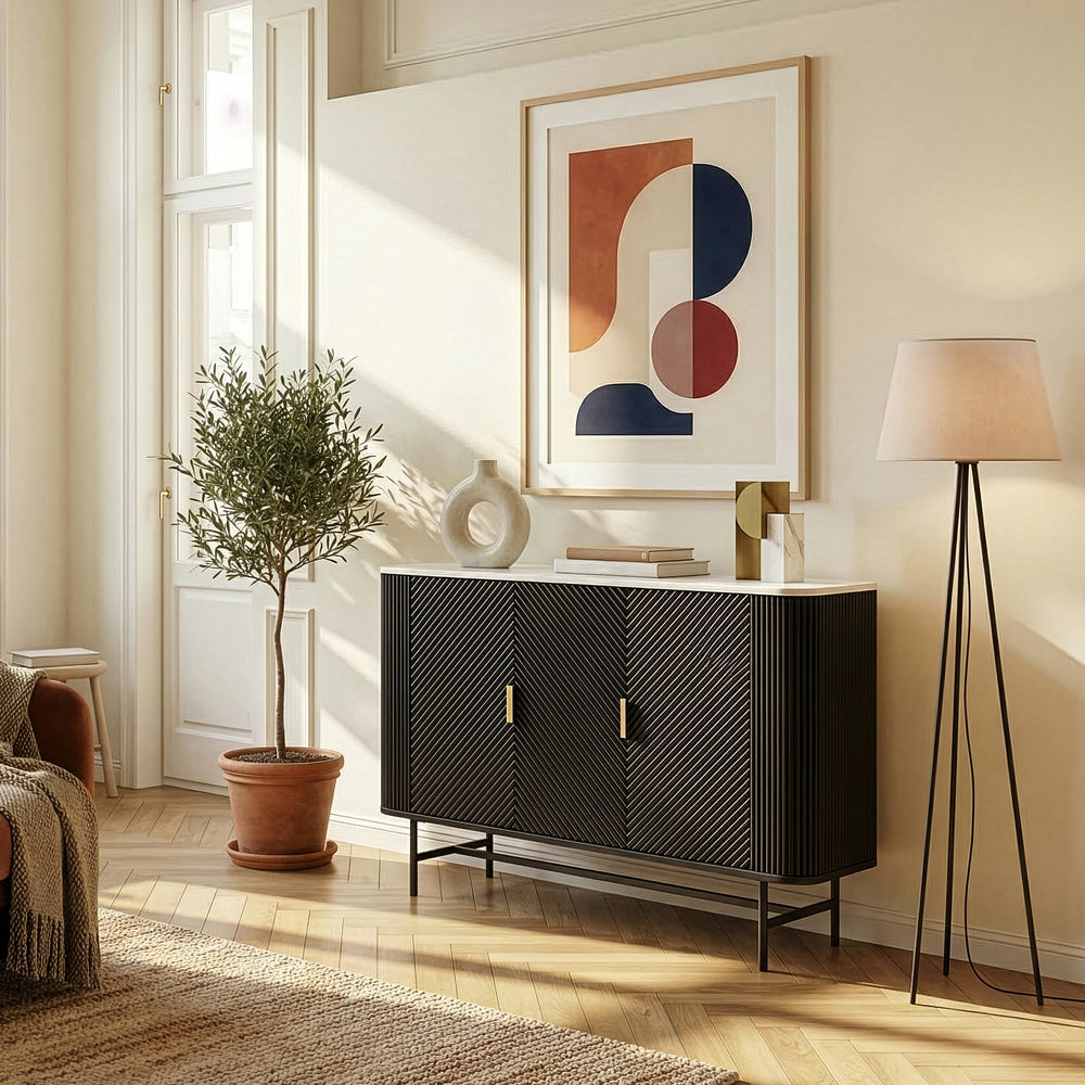 Buffet Olvehok 110 x 40 x 77 cm effet marbre noir [en.casa]