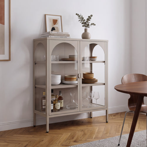 Buffet haut Klippestad acier verre trempé 95 x 80 x 35 cm gris chaud [en.casa]