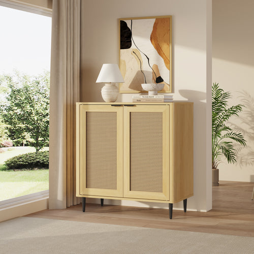 Buffet Lukhomso 83 x 80 x 40 cm effet chêne aspect rotin noir [en.casa]