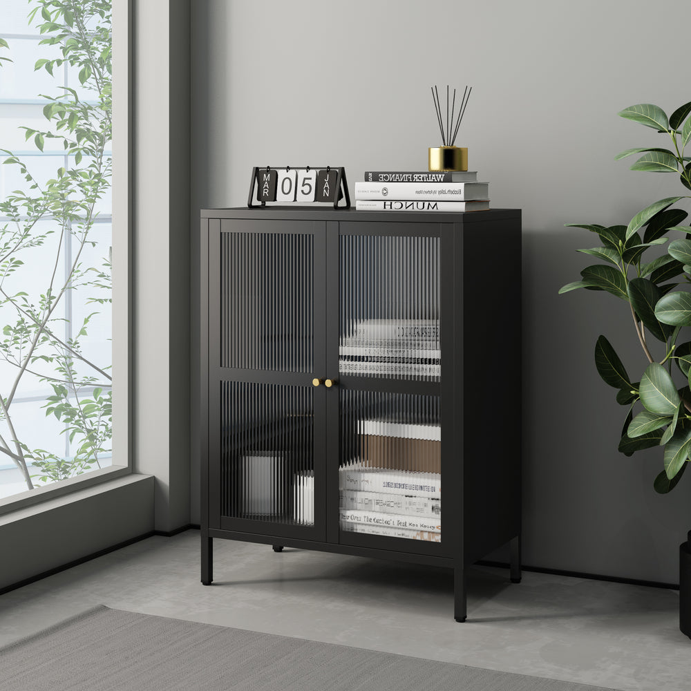 Buffet Säkylä acier verre strié 84 x 64 x 35 cm [en.casa]
