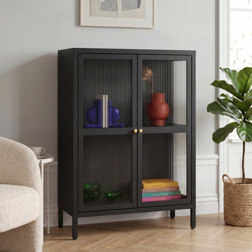Buffet Säkylä acier verre strié 84 x 64 x 35 cm [en.casa]
